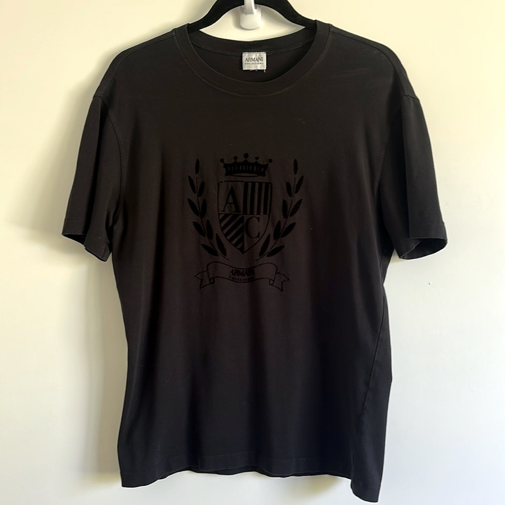 Vintage Armani Collezioni Black Stretch Cotton Short Sleeve Tee Crest Design